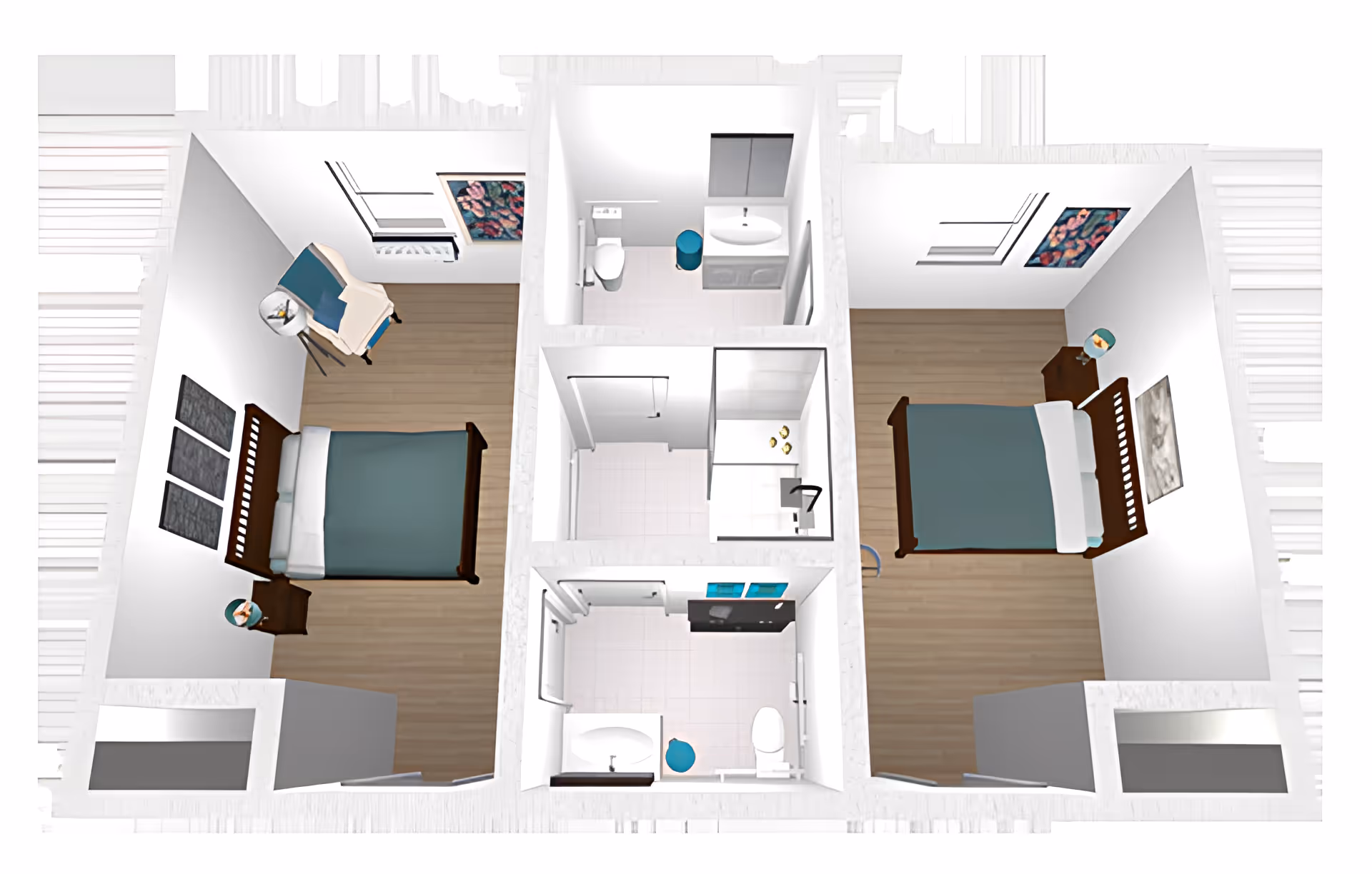 3D floor plan showing two bedrooms each with a bed, nightstand, and chair. Between the bedrooms are two bathrooms, one with a shower and the other with a bathtub and toilet. The rooms have wooden floors and white walls with windows and wall art.