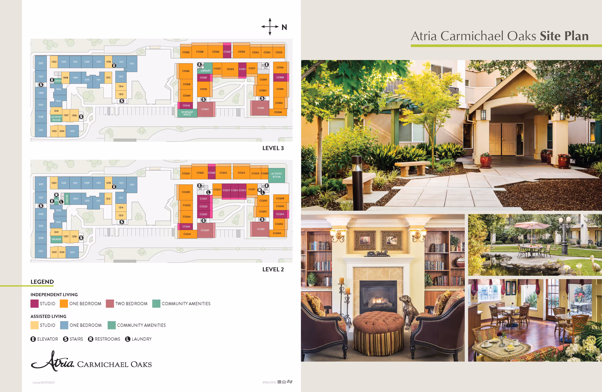 Site plan of Atria Carmichael Oaks showing layouts for Level 2 and Level 3 with color-coded independent living and assisted living units, community amenities, elevators, stairs, restrooms, and laundry. Accompanying images show the exterior entrance with greenery, a cozy living room with a fireplace and bookshelves, an outdoor patio with tables and umbrellas, and a dining area with set tables and chairs.