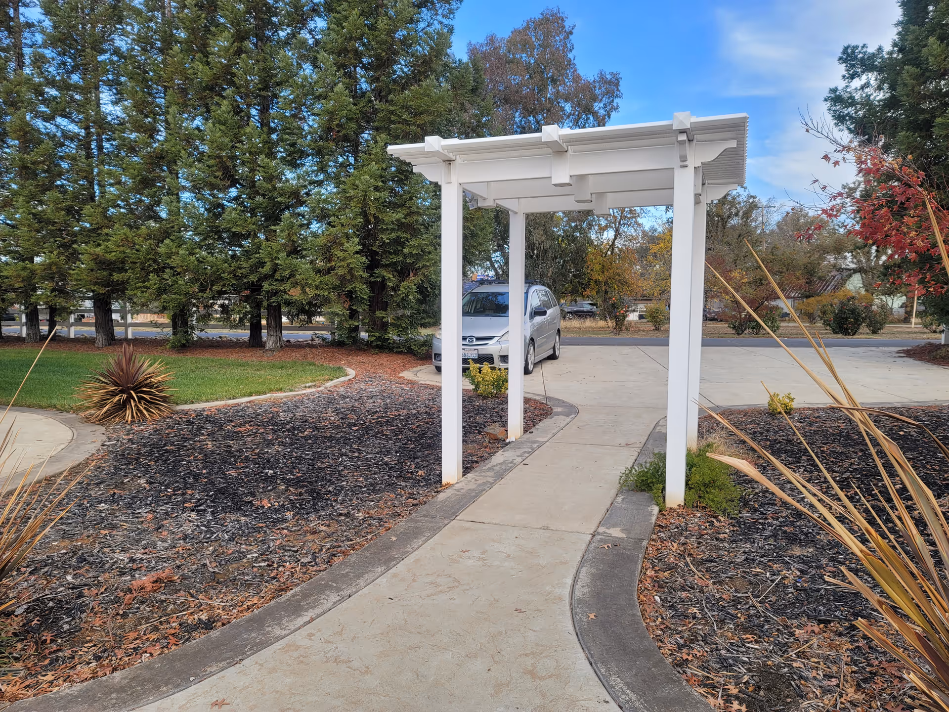 Concrete pathway with a white pergola leading to a driveway and parked car, surrounded by trees and landscaping.