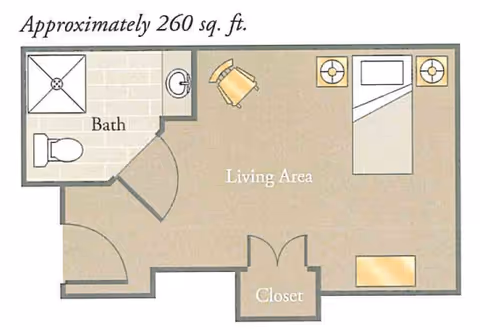 Floor plan of a small senior living unit approximately 260 square feet, showing a living area with a bed, chair, two nightstands, and a closet. The unit also includes a bathroom with a shower, toilet, and sink.