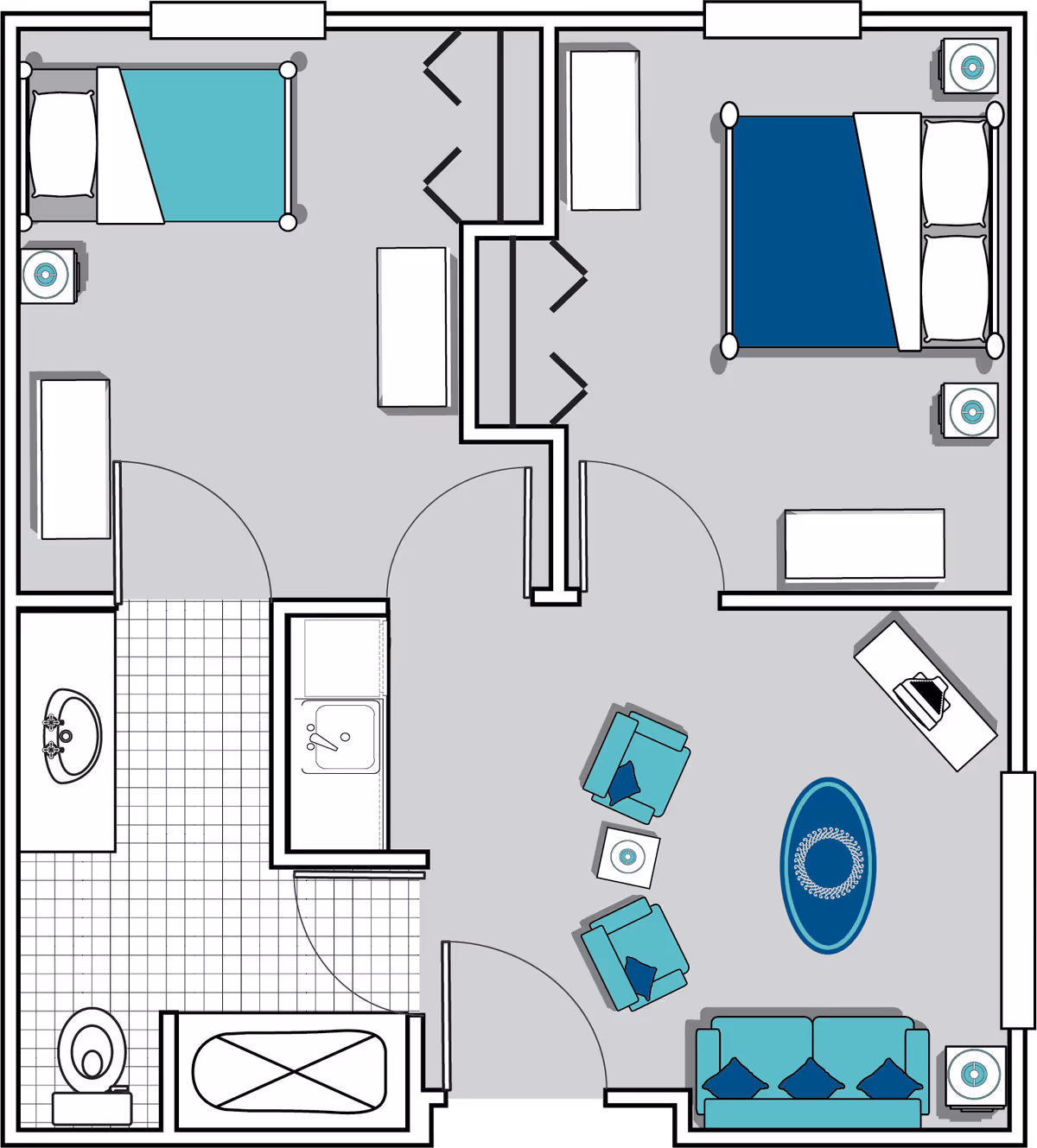 Floor plan of a residential unit showing two bedrooms, a bathroom with a bathtub, toilet, and sink, a living room with a sofa, two armchairs, a coffee table, and a TV stand, and a small kitchenette area with a sink.