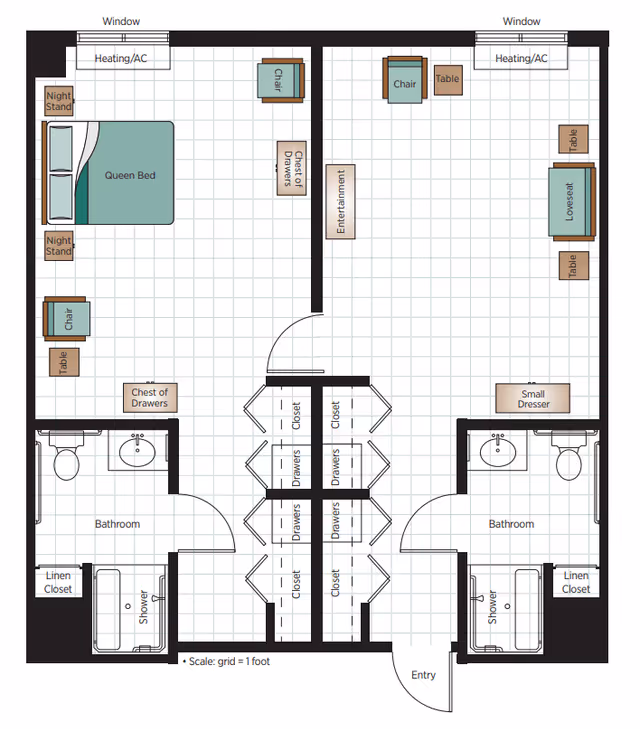 Floor plan of a senior living unit at Belmont Village Senior Living Calabasas showing two bedrooms each with a queen bed, night stands, chairs, tables, and chests of drawers. Each bedroom has an adjacent bathroom with a shower, toilet, sink, and linen closet. The living area includes a loveseat, chairs, tables, entertainment center, and a small dresser. There are multiple closets and drawers in the hallway, and windows with heating/AC units in both bedrooms and the living area. The entry door opens into the living area.
