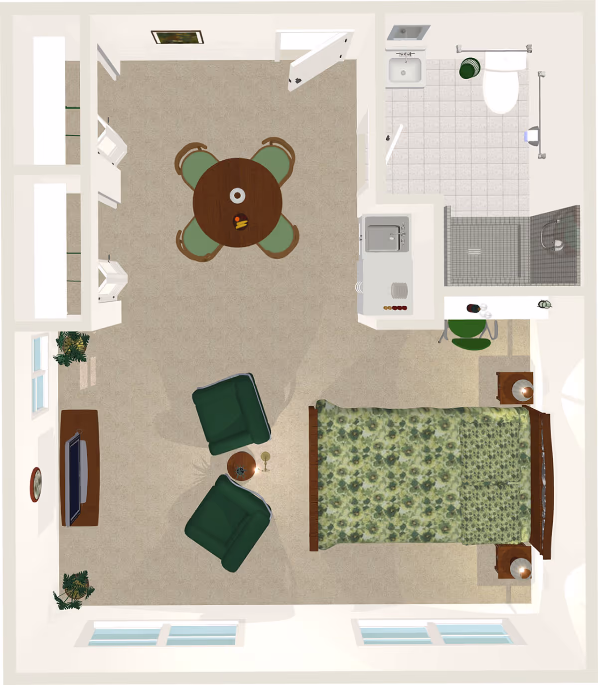 Top-down view of a senior living facility room at Oakview Park featuring a bedroom area with a double bed covered in a green floral bedspread, two green armchairs with a small round table between them, a round dining table with four green chairs, a small kitchenette with a sink and stove, and an attached bathroom with a toilet, sink, and shower.