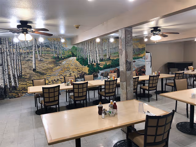 Dining area with multiple tables and chairs arranged neatly. The walls feature a large mural of a forest scene with birch trees and a path. Ceiling fans with lights are mounted on the ceiling, and condiments are placed on the tables.