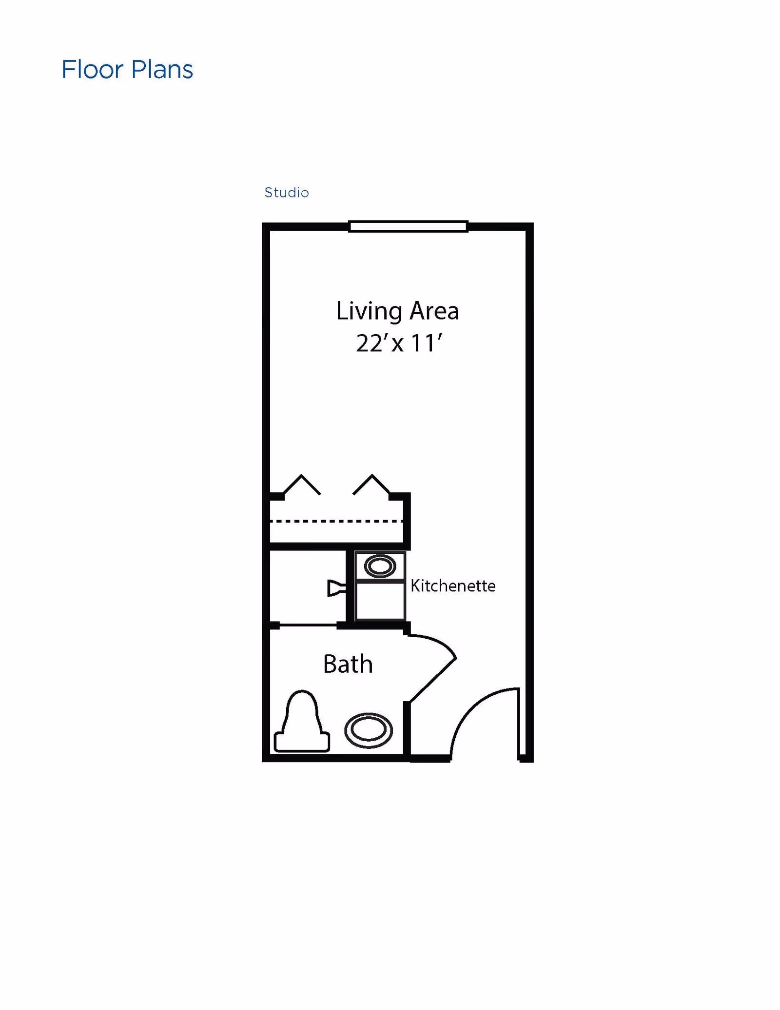 Floor plan of a studio apartment showing a living area measuring 22 feet by 11 feet, a kitchenette, and a bathroom with a toilet and sink.