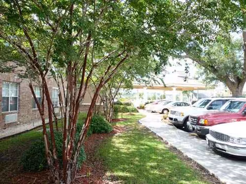 Parking area beside a brick building with trees and parked cars.