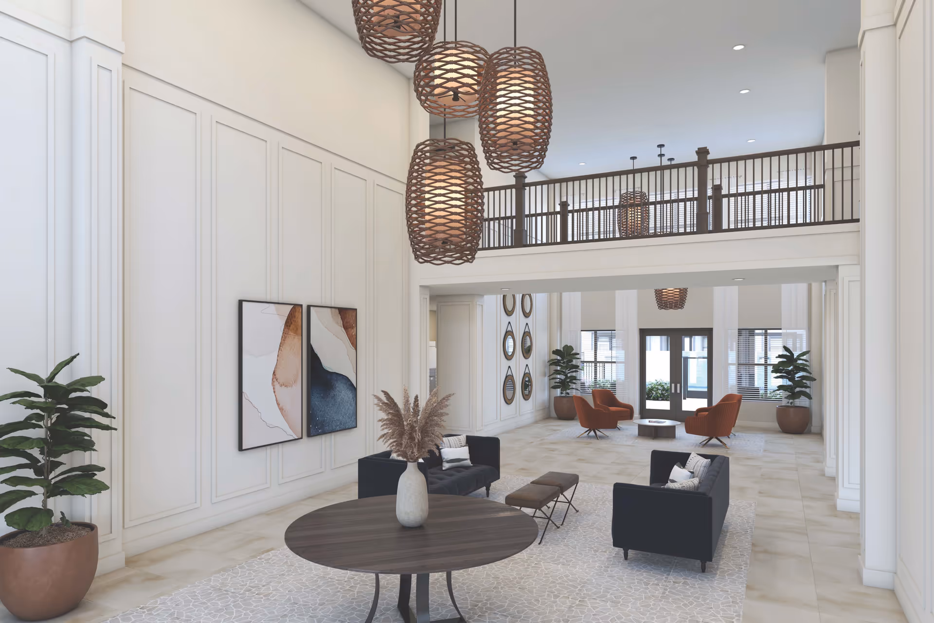 Spacious and modern senior living facility lobby with high ceilings, large hanging wicker pendant lights, a round table with a vase of dried plants, two black sofas with cushions, a bench, and two orange armchairs near the entrance. The walls are white with decorative paneling and abstract artwork, and there are large potted plants and circular mirrors on the walls.