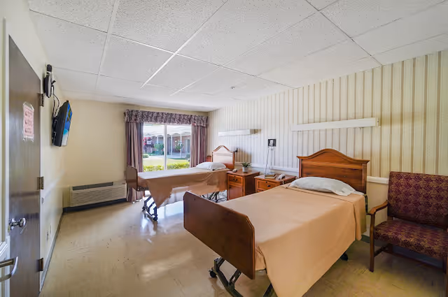 A bright room with two hospital-style beds covered with beige blankets, each with a wooden headboard. Between the beds is a wooden nightstand with a telephone and a small plant. A purple upholstered chair is positioned near the bed on the right. The room has a large window with curtains, allowing natural light to enter and providing a view of an outdoor garden area. The walls have a light striped wallpaper, and the floor is covered with light-colored linoleum tiles.
