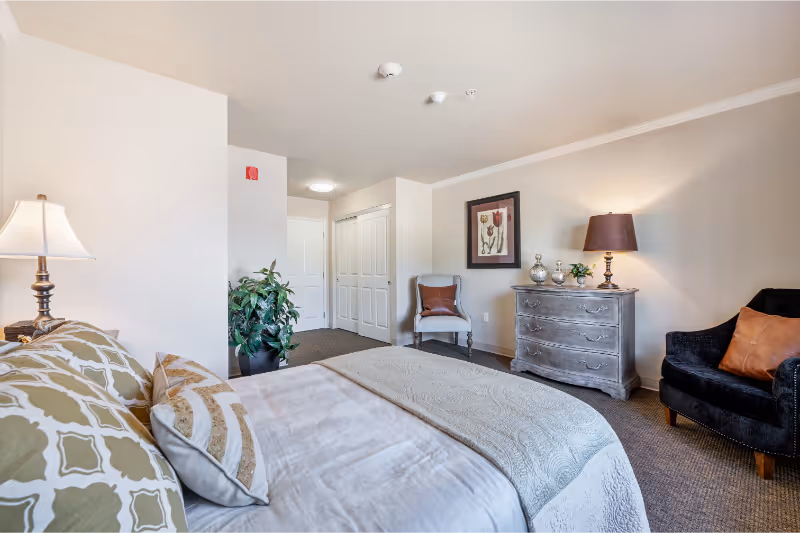 A well-lit bedroom in an assisted living facility featuring a bed with patterned pillows and a beige comforter, a bedside lamp on a wooden nightstand, a potted plant near the entrance, a white chair with a brown cushion, a gray dresser with decorative items and a lamp, and a black armchair with a brown pillow. The walls are light-colored and there is framed artwork above the dresser.