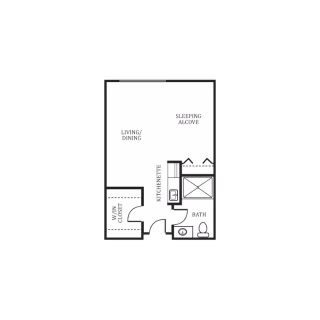 Black-and-white floor plan of a studio unit showing a living/dining area, sleeping alcove, kitchenette, bath, and walk-in closet.