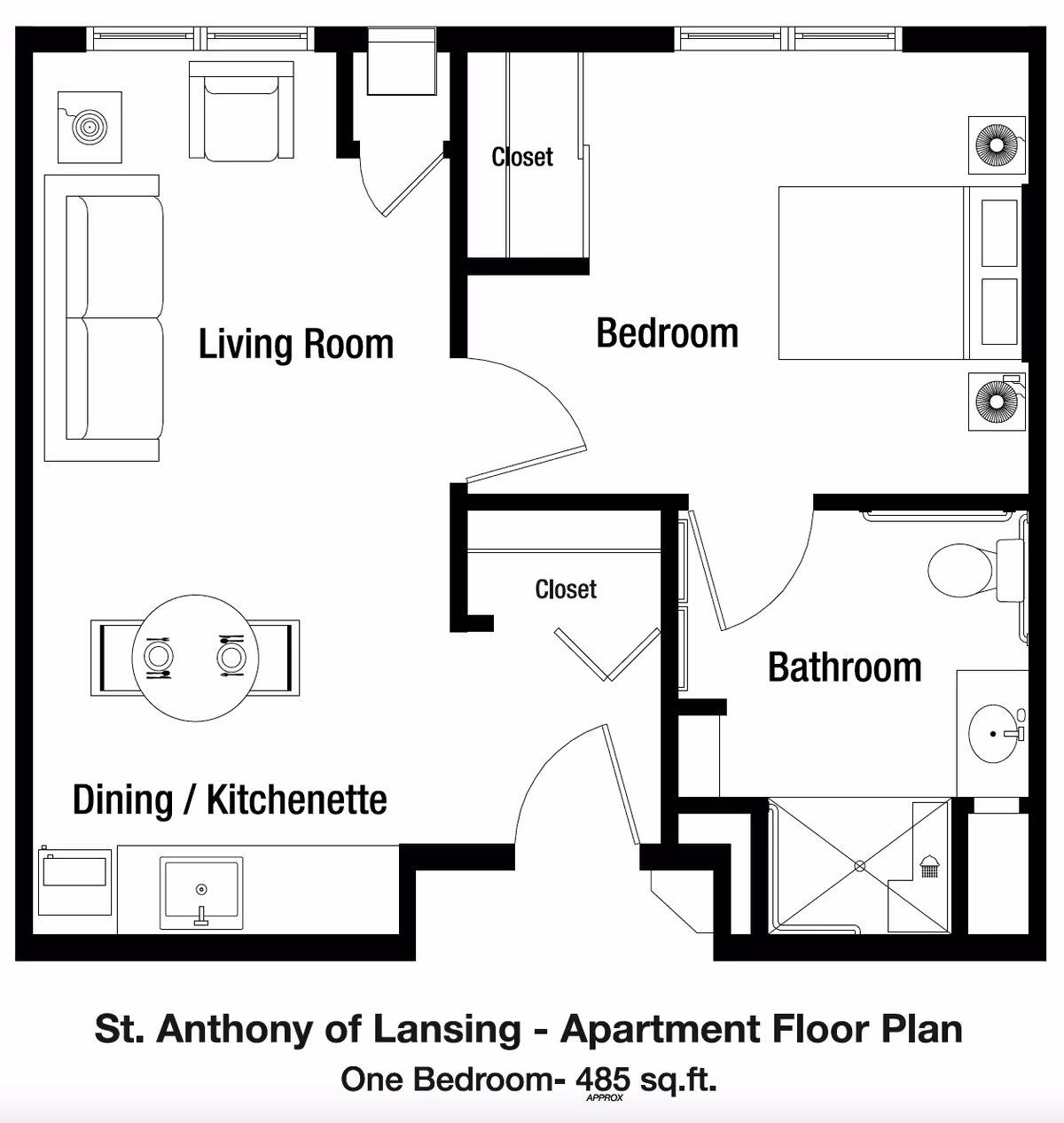 Floor plan of a one-bedroom apartment at St. Anthony of Lansing showing a living room with sofa and chair, a dining/kitchenette area with a table and two chairs, a bedroom with a bed and two nightstands, a bathroom with a toilet, sink, and shower, and two closets.