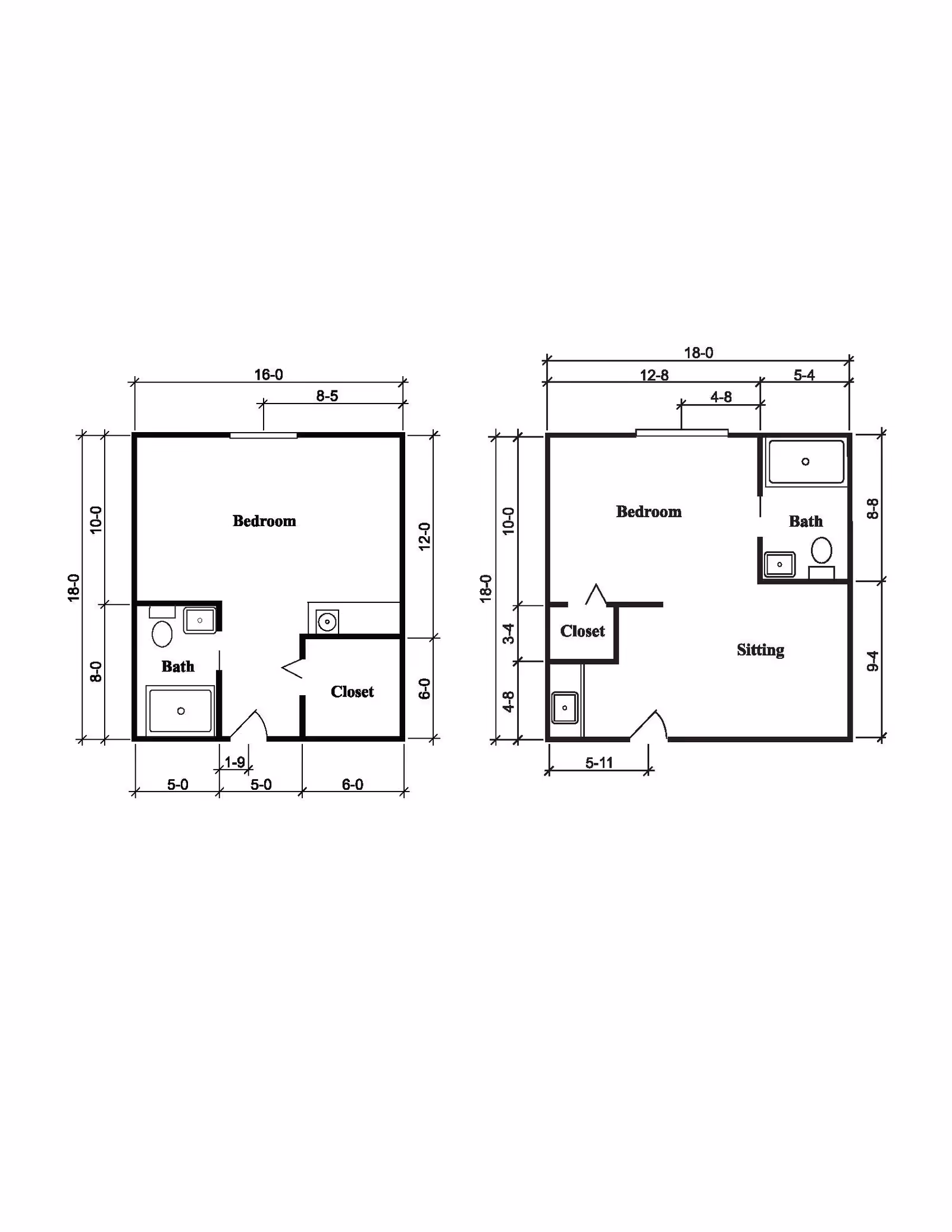 Architectural floor plans showing two different layouts of a living space, each including a bedroom, bathroom, and closet. The left plan features a bedroom with a bath and closet, while the right plan includes a bedroom, bath, closet, and a sitting area. Dimensions are marked around the rooms.