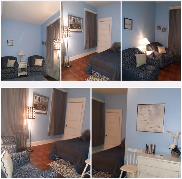 Collage of five images showing a cozy bedroom with light blue walls, a bed with dark bedding, two patterned armchairs with cushions, a white nightstand with a lamp, a floor lamp, a white dresser with books and a flower vase, framed artwork on the walls, and brown curtains covering the windows.