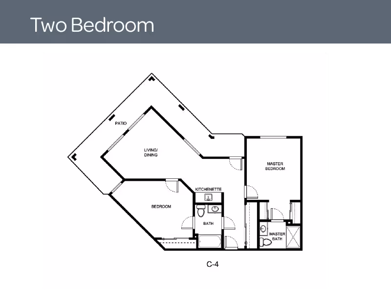 Black-and-white two-bedroom floor plan labeled 'Two Bedroom' showing living/dining with patio, kitchenette, two bedrooms and two bathrooms.
