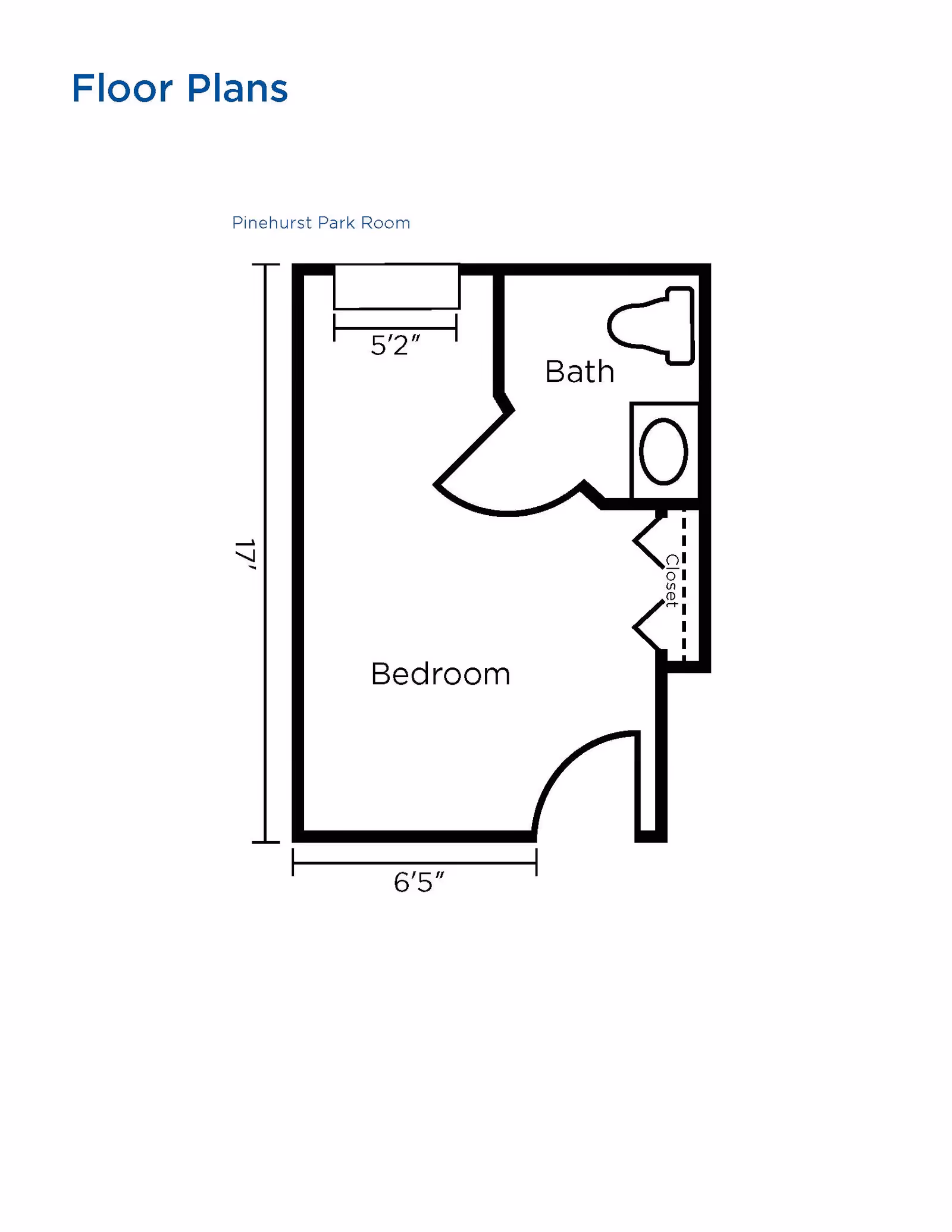 Floor plan of a Pinehurst Park Room showing a bedroom area measuring 6 feet 5 inches by 17 feet, a bathroom with a toilet and bathtub, and a closet near the entrance.