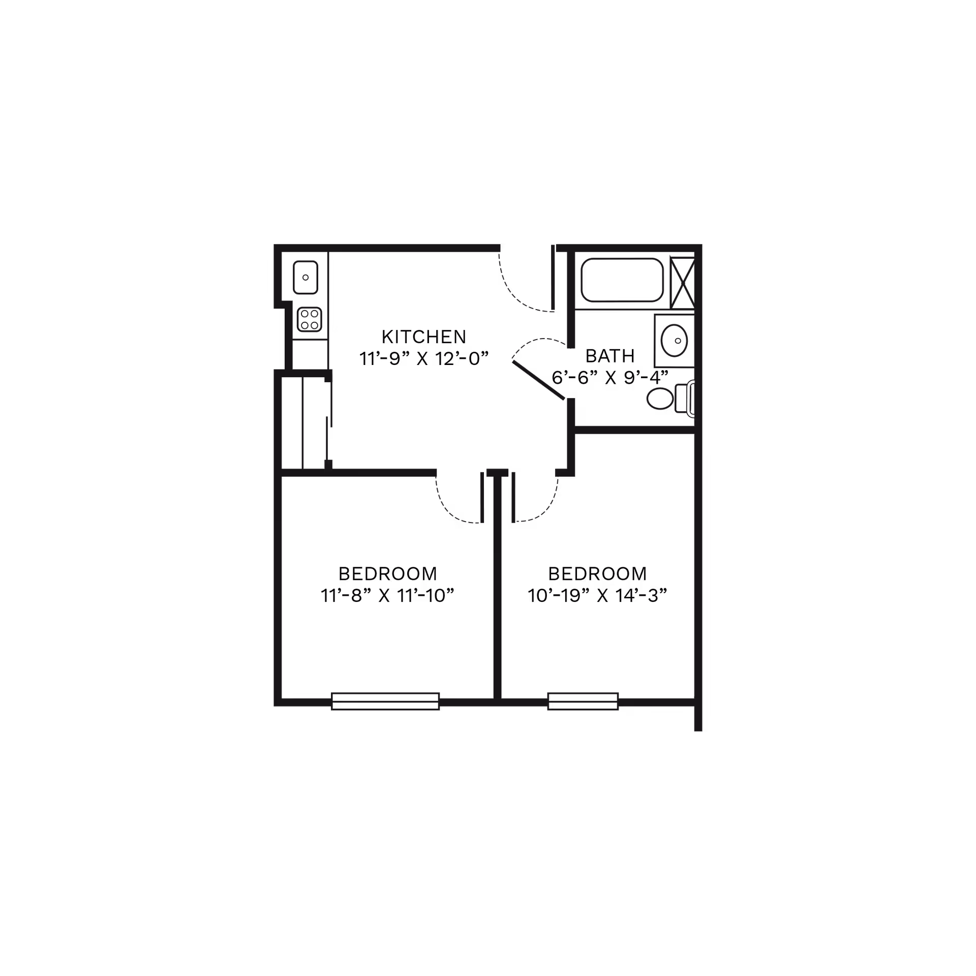 Architectural floor plan showing a layout with two bedrooms, a kitchen, and a bathroom. The kitchen is located at the top left, the bathroom at the top right, and the two bedrooms are at the bottom side of the plan.