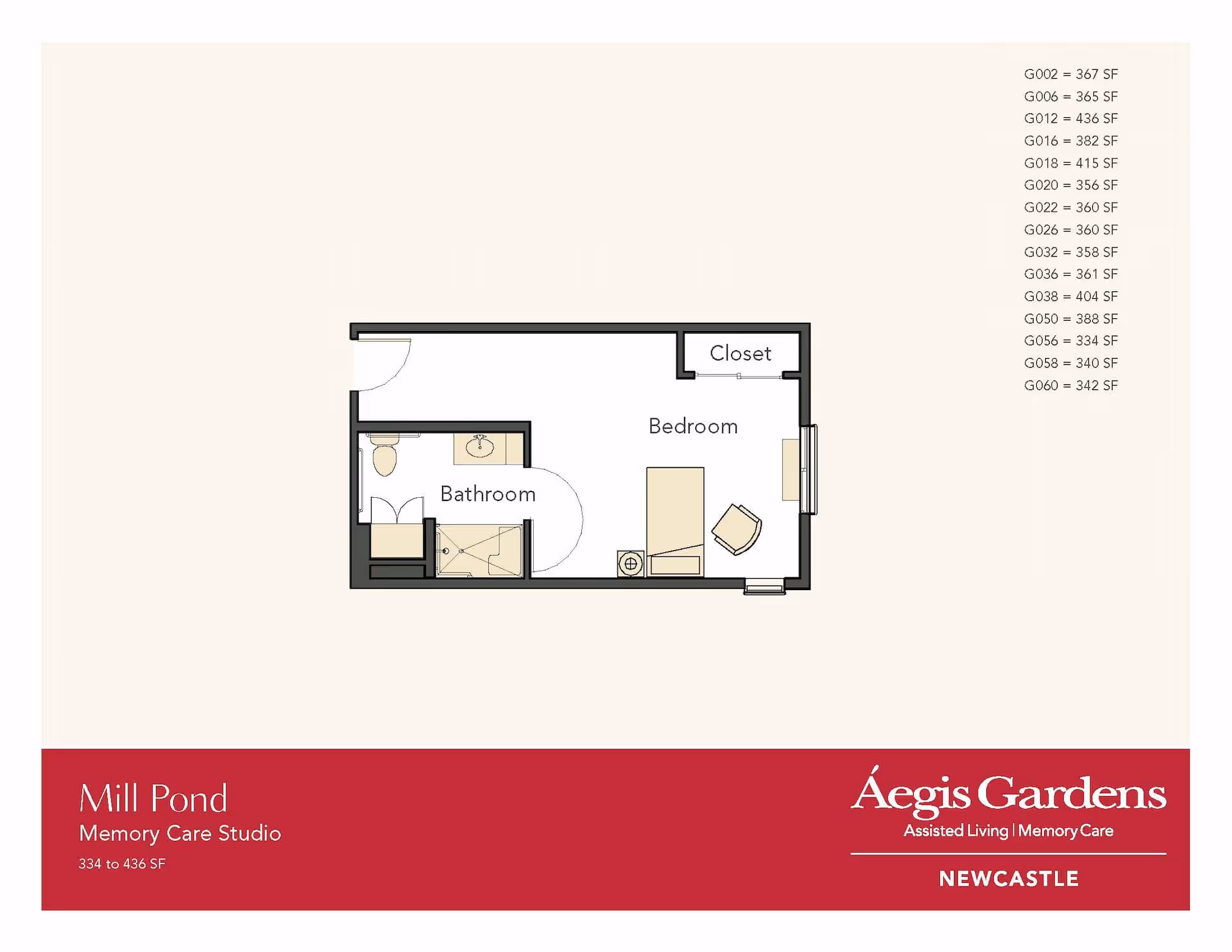 Floor plan of a memory care studio named Mill Pond at Aegis Gardens Newcastle, showing a bedroom with a closet and an attached bathroom. The layout includes a bed, chair, and bathroom fixtures. The plan indicates unit sizes ranging from 334 to 436 square feet.