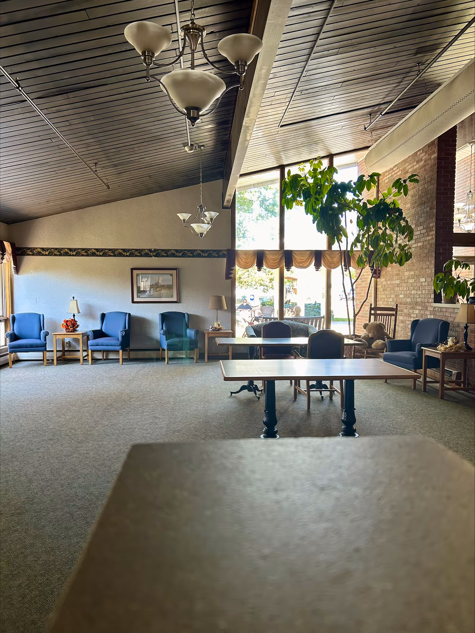 A spacious, well-lit common area with high wooden ceilings and large windows letting in natural light. The room features several blue armchairs, wooden side tables with lamps, a large indoor plant, and a few tables and chairs arranged in the center. The walls are decorated with a framed picture and a floral border near the ceiling. Outside the windows, some greenery and outdoor seating are visible.