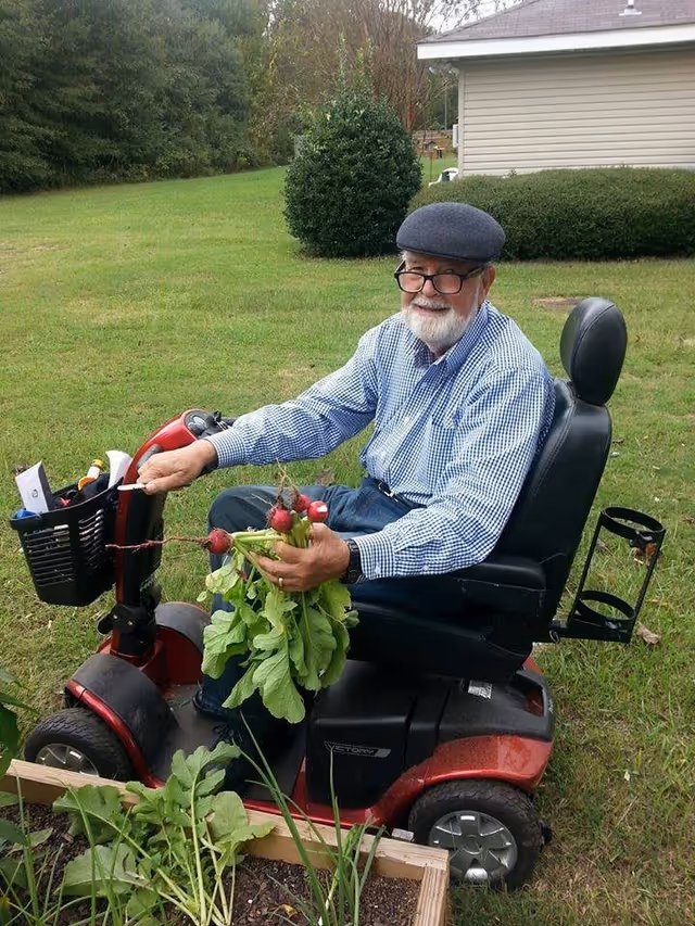 An elderly man with a white beard and glasses, wearing a blue checkered shirt and a gray flat cap, is sitting on a red mobility scooter outdoors. He is holding freshly picked radishes with green leaves in one hand and smiling. There is a small garden bed with plants in front of him and green grass and bushes in the background.