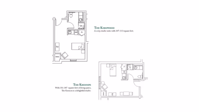 Floor plans for two studio suites named The Kirkwood and The Kresson at Brandywine Voorhees by Monarch, showing layout of rooms including bathroom, kitchen area, living and sleeping spaces with furniture placement.