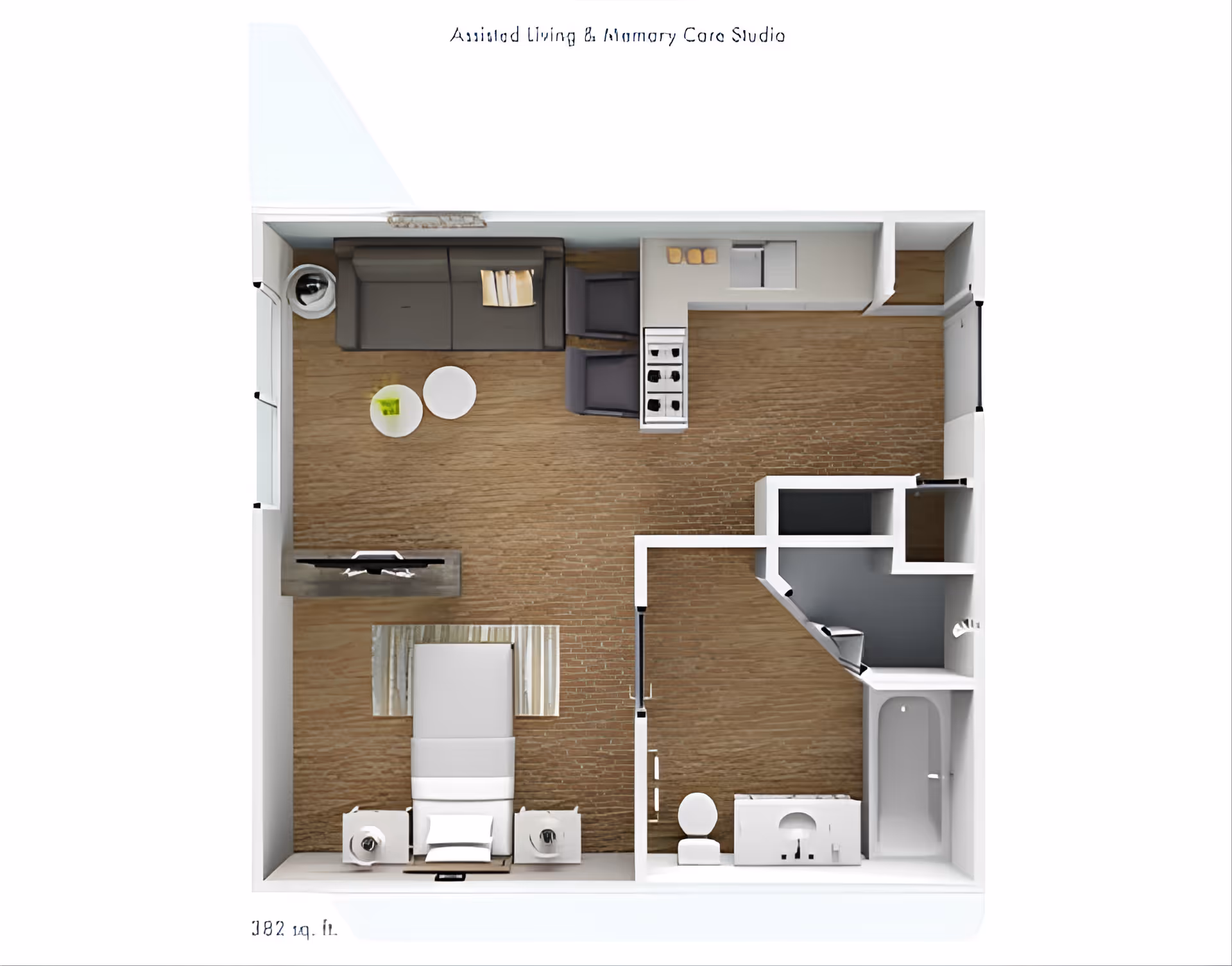 Top-down floor plan of an assisted living and memory care studio apartment featuring a bedroom area with a bed and two nightstands, a living area with a sofa, two chairs, and two round tables, a kitchen with a stove and sink, and a bathroom with a toilet, sink, and bathtub.