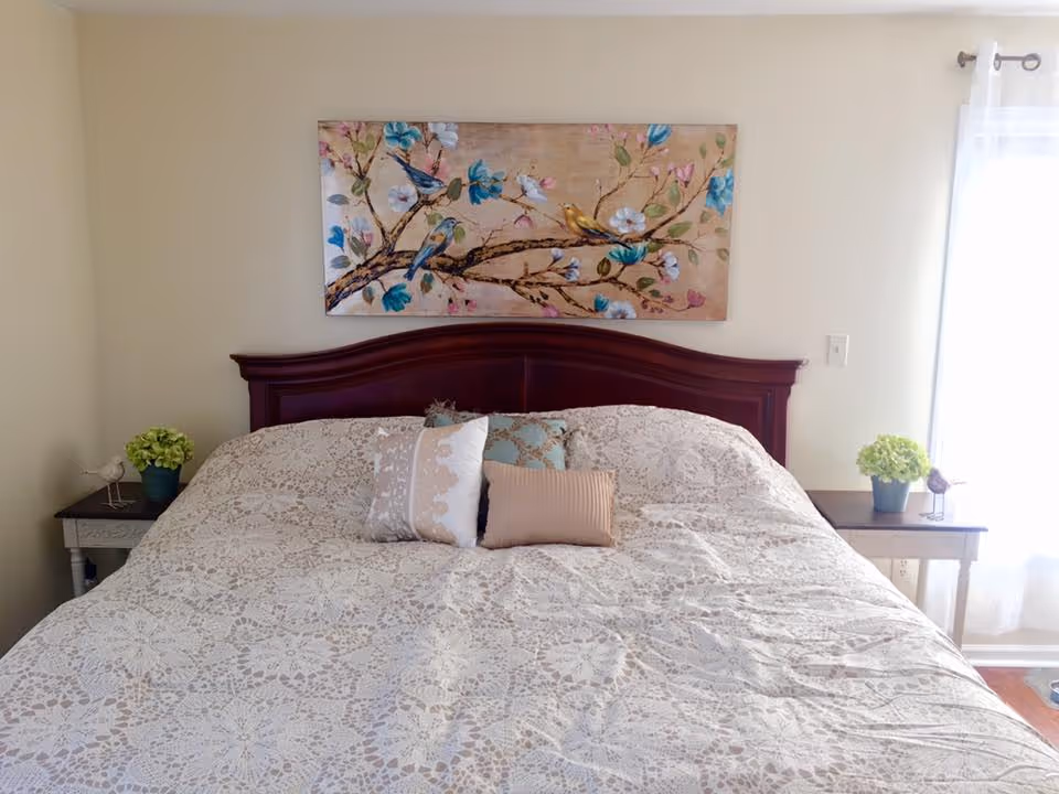 A bedroom with a large bed covered in a white lace-patterned bedspread and three decorative pillows. The bed has a dark wooden headboard. Above the bed hangs a painting of a tree branch with colorful birds and flowers. On each side of the bed are small nightstands with potted green plants and decorative items. A window with sheer white curtains is visible on the right side, letting in natural light.