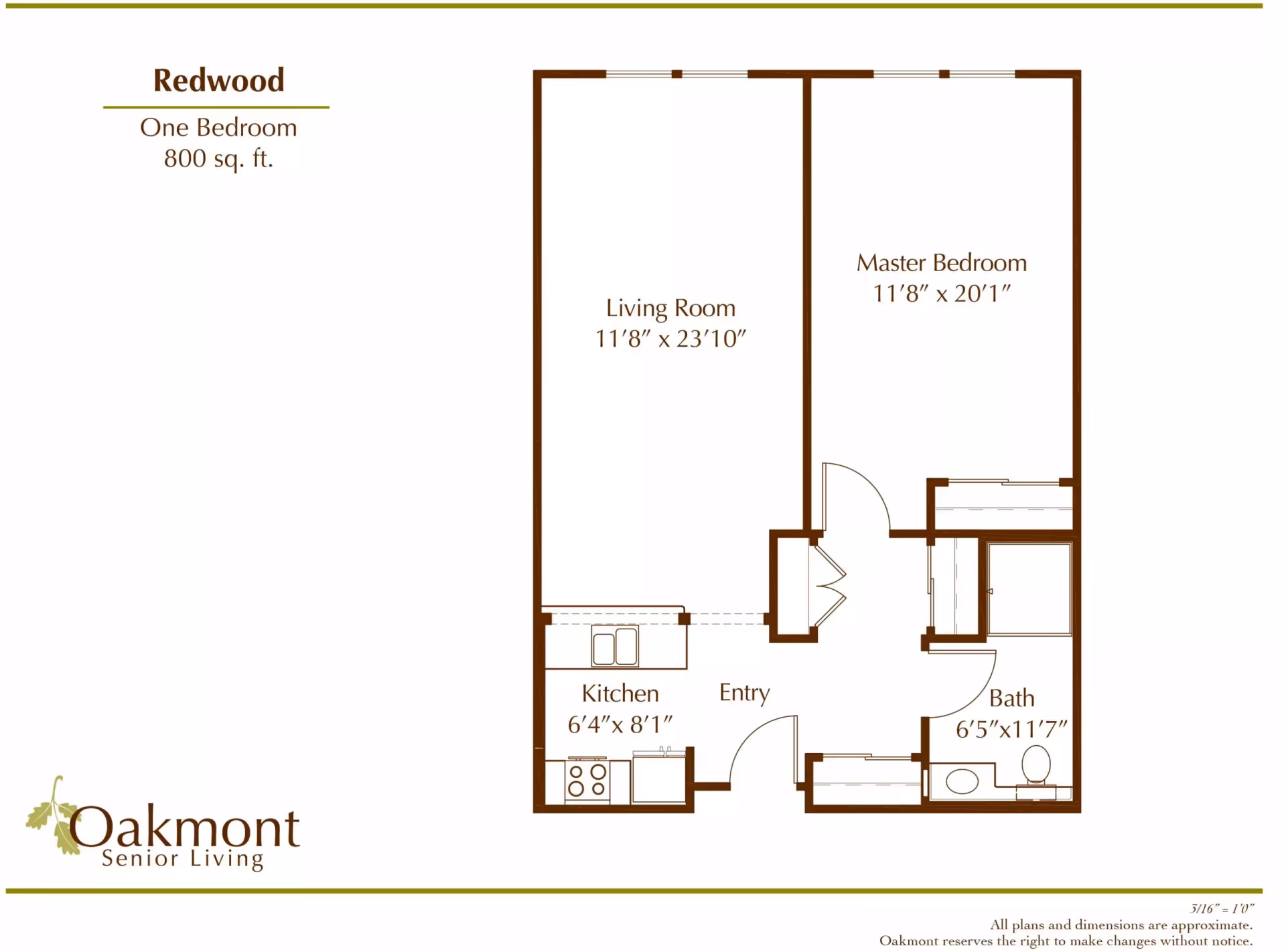 Floor plan of a one-bedroom apartment named Redwood at Oakmont Senior Living, showing an 800 square foot layout with a living room, master bedroom, kitchen, entry, and bathroom with dimensions.