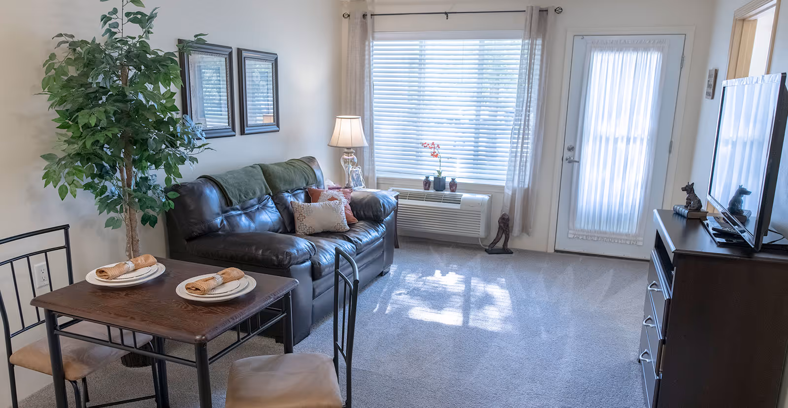 A bright living room with a dark leather sofa adorned with pillows and a green throw blanket. Next to the sofa is a small dining table set for two with plates and rolled napkins. A large window with blinds and sheer curtains lets in natural light. A TV sits on a dark wooden stand opposite the sofa. A potted plant is placed near the dining table, and a door with a sheer curtain leads outside.