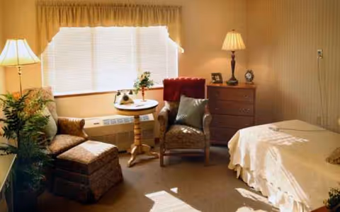 Sunlit bedroom with a bed, seating area, round table, dresser, and potted plant.