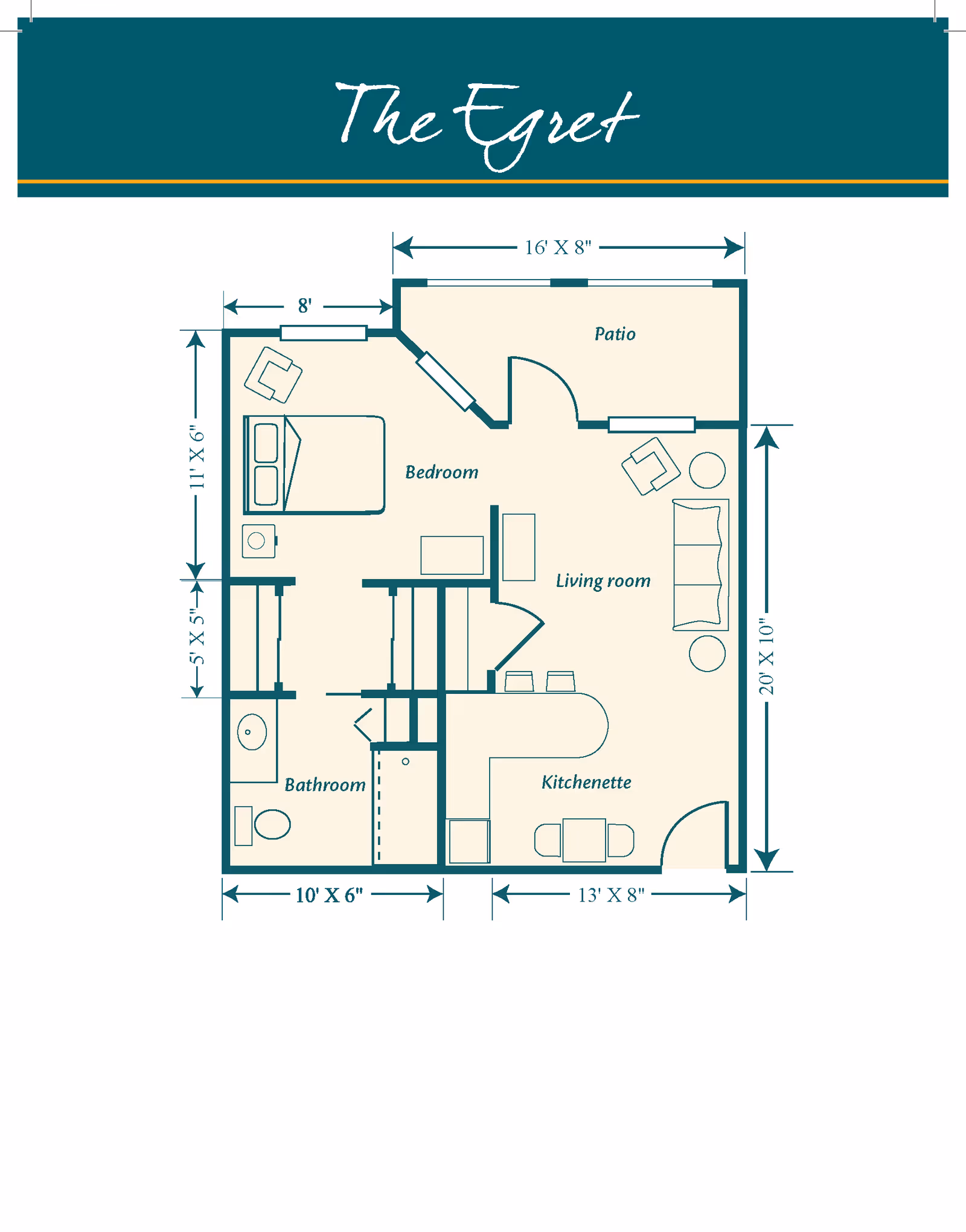 Floor plan titled 'The Egret' showing a layout with a bedroom, bathroom, kitchenette, living room, and patio. The bedroom contains a bed and chair, the bathroom has a toilet and sink, the kitchenette includes a small dining table, and the living room has a sofa, chair, and small tables. Dimensions for each room and overall layout are indicated.