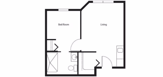 Floor plan layout showing a one-bedroom apartment with a living area, bedroom, bathroom, and closet spaces.