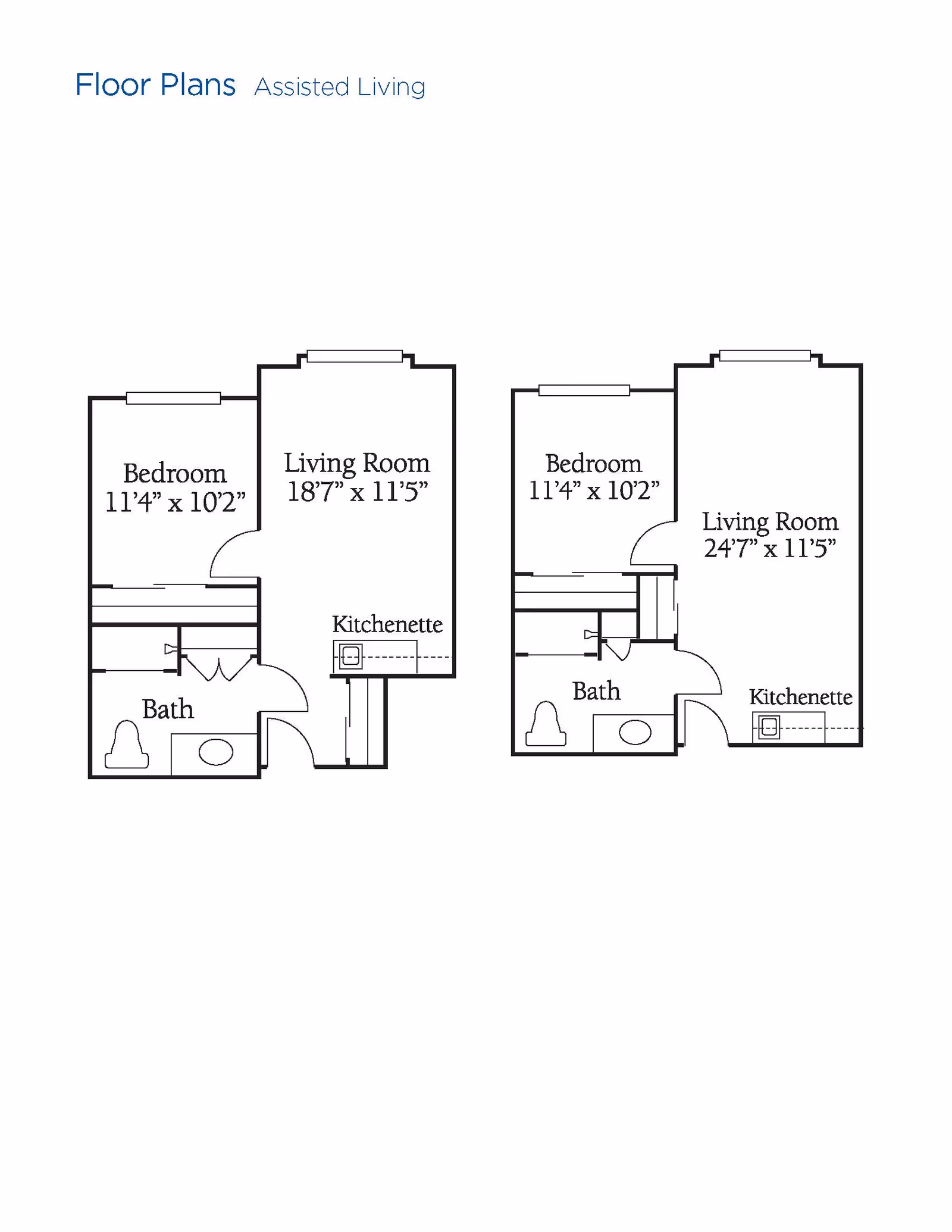 Floor plans for assisted living units at Brookdale Highlands showing two layouts. Each layout includes a bedroom measuring 11 feet 4 inches by 10 feet 2 inches, a living room, a kitchenette, and a bathroom. The living room in the first layout measures 18 feet 7 inches by 11 feet 5 inches, while the living room in the second layout measures 24 feet 7 inches by 11 feet 5 inches.