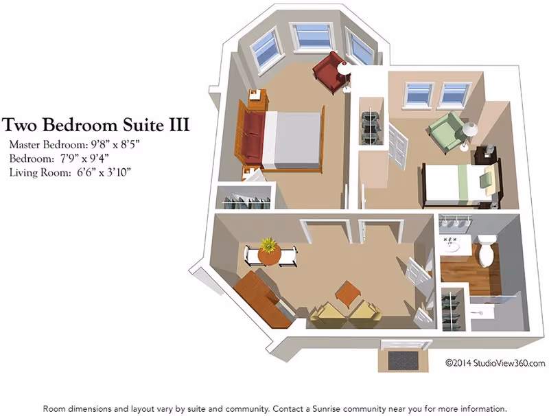 3D floor plan of a two-bedroom suite showing a master bedroom with a bed and armchair, a smaller bedroom with a bed and chair, a living room with a sofa, chairs, and a table, and a bathroom with a sink, toilet, and shower. Dimensions for each room are provided.