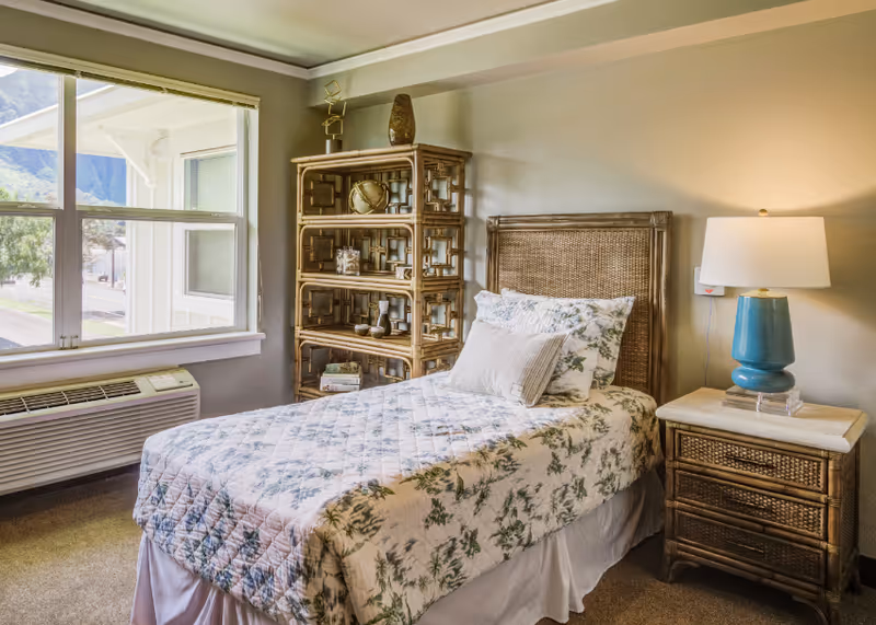 Sunlit furnished bedroom with a single bed, wicker headboard and shelving, a bedside table with lamp, and a window overlooking greenery.