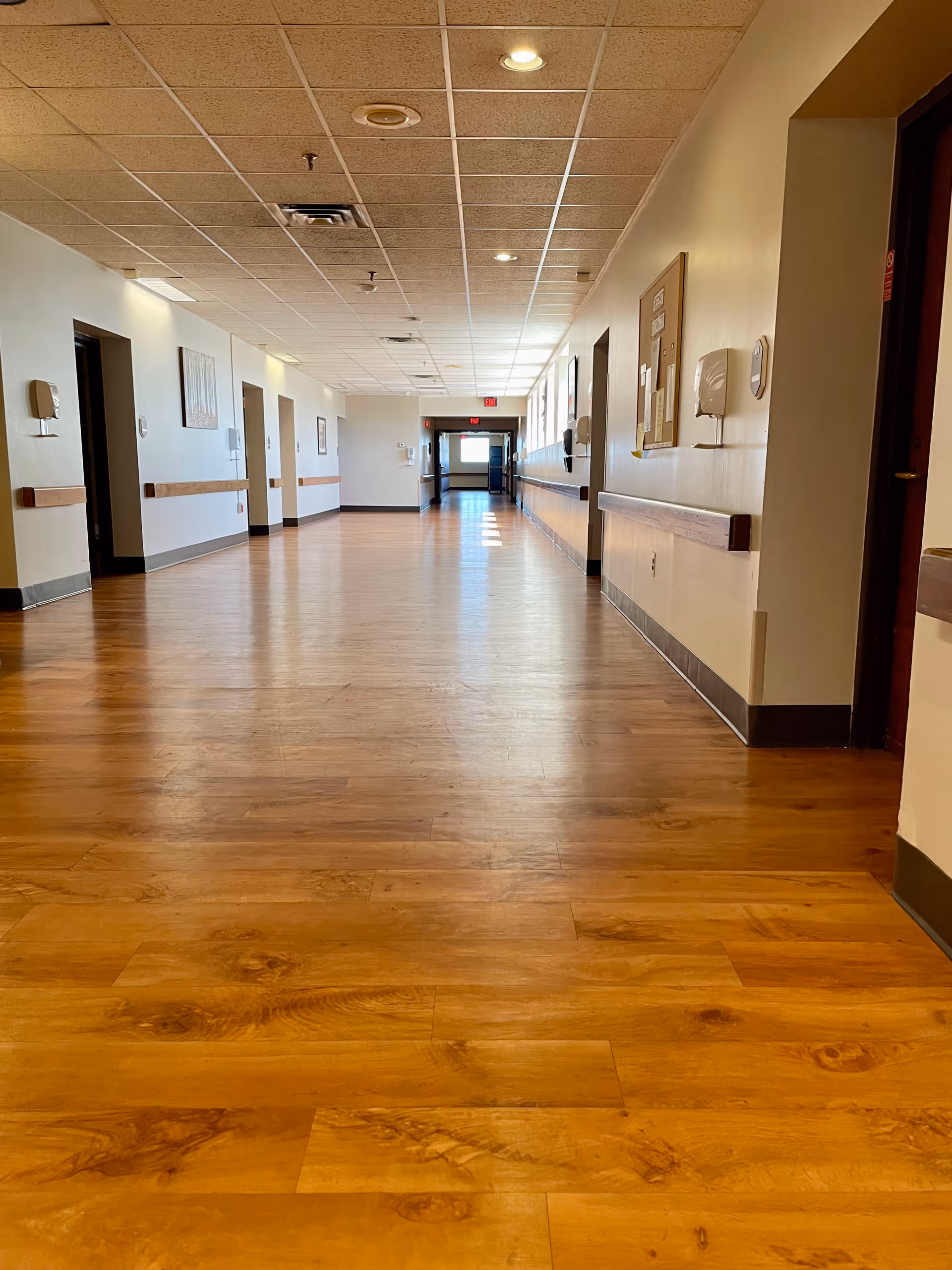 Long empty interior hallway with wood-look flooring, handrails and doors lining both sides under a drop ceiling.
