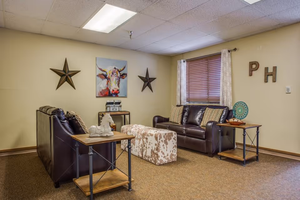 A cozy living room with two dark brown leather sofas facing each other, a cowhide-patterned ottoman in the center, and two side tables with decorative items. The walls are beige with two star-shaped wall decorations and a colorful cow painting. A window with wooden blinds and light curtains is on the right wall, with the letters 'P' and 'H' mounted nearby.