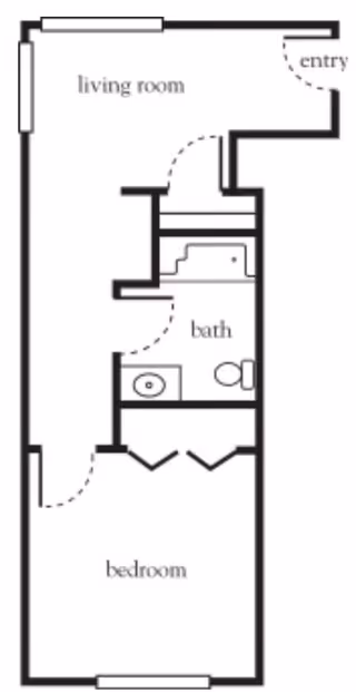 Floor plan of a living space showing an entry area leading into a living room, a bathroom with a sink, toilet, and bathtub, and a bedroom. The layout includes doors and windows marked within the plan.