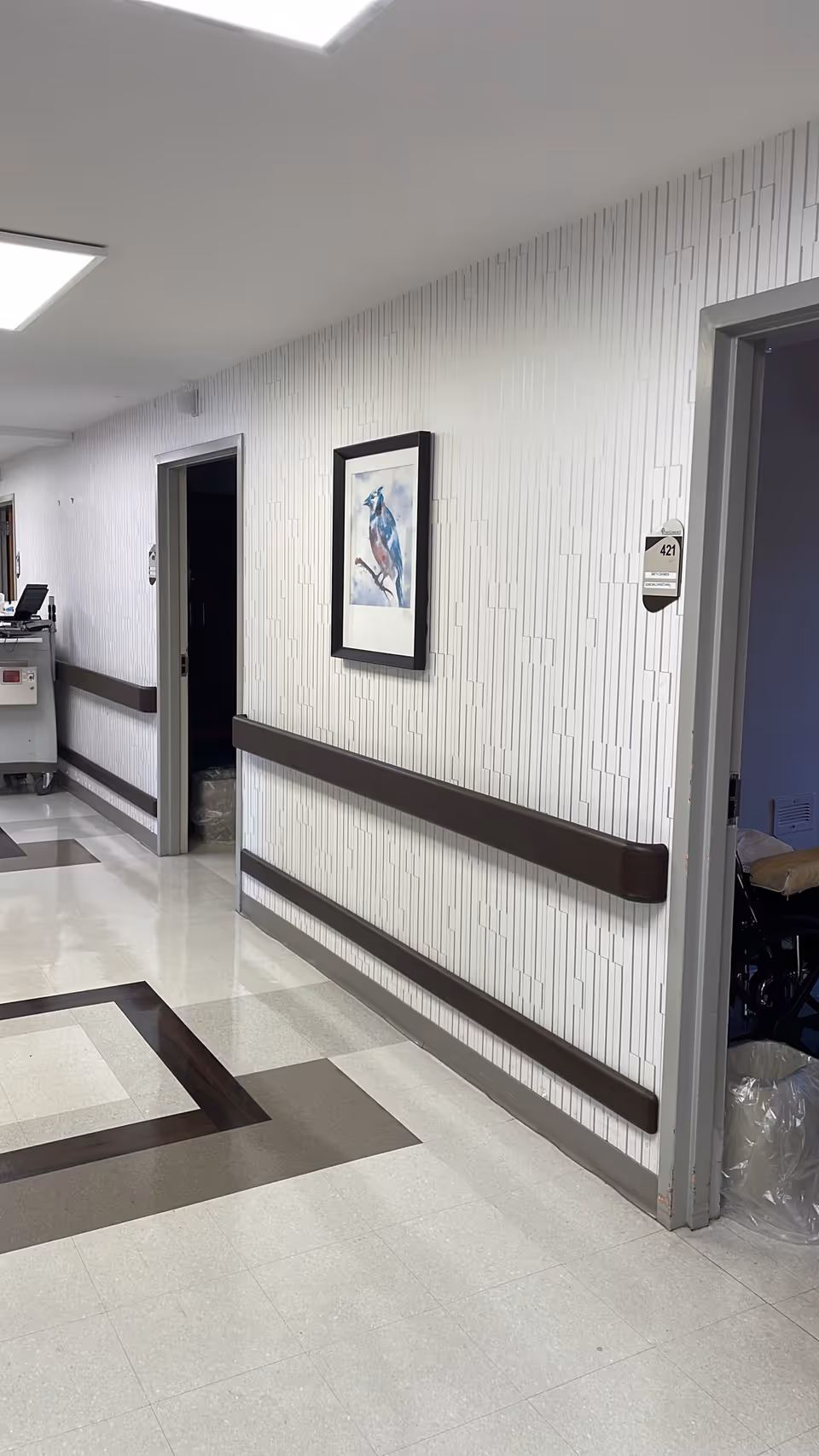 A clean, well-lit hallway in a healthcare facility with white textured walls, dark brown handrails, and a framed picture of a bird on the wall. There are open doorways leading to rooms, one of which shows a wheelchair inside. The floor has a patterned design with beige, brown, and cream tiles.