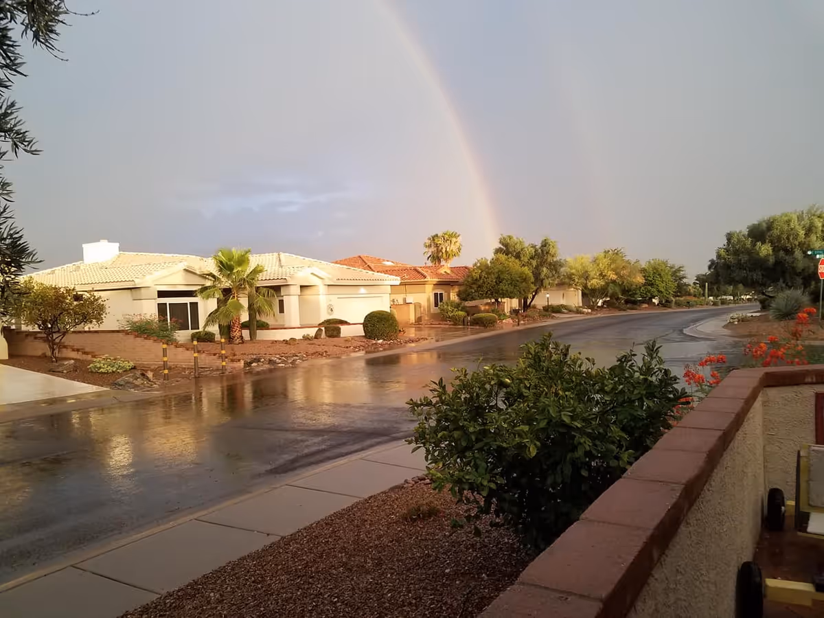 A residential street scene after rain with wet pavement, desert landscaping including bushes and palm trees, single-story houses with tile roofs, and a faint double rainbow in the cloudy sky.