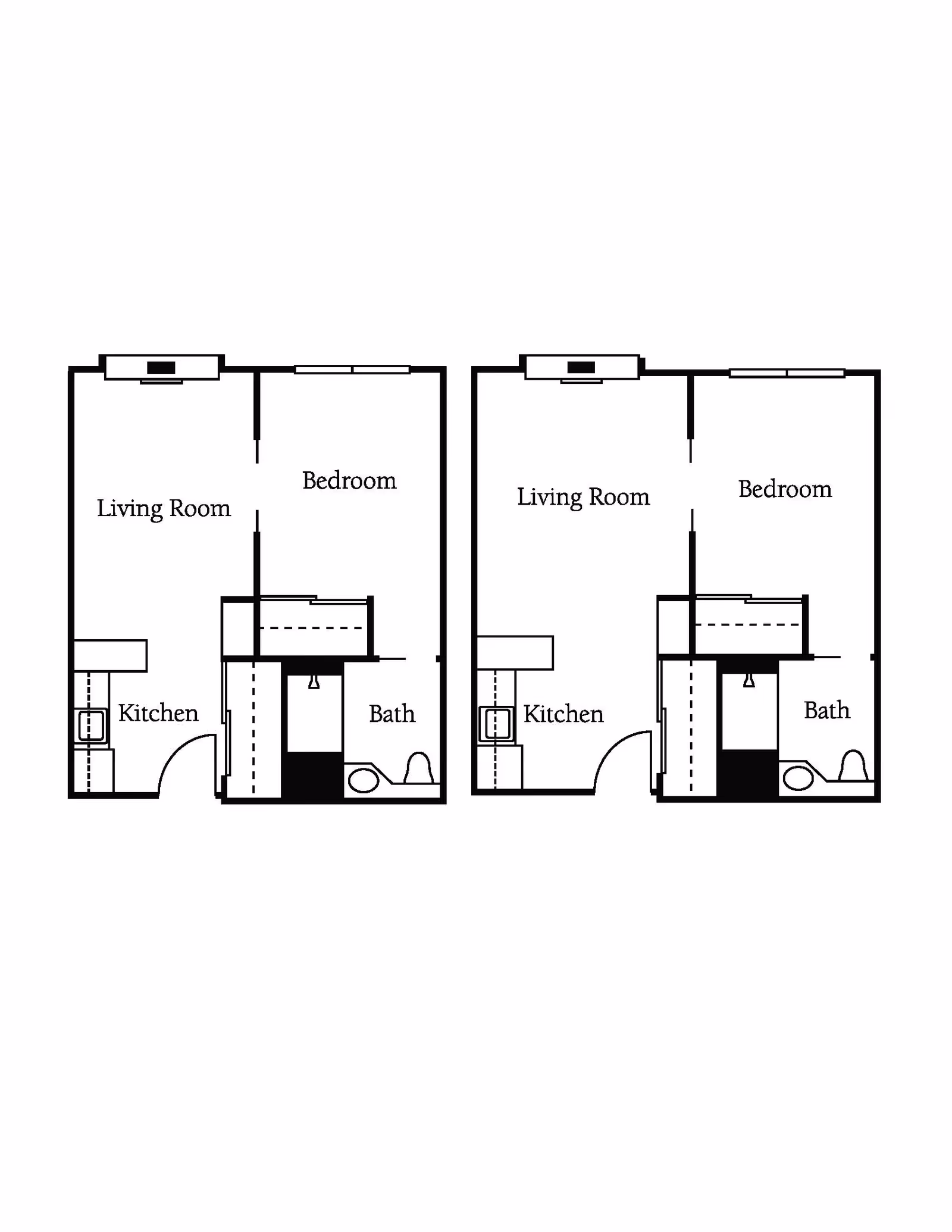 Black and white architectural floor plan showing two similar apartment layouts side by side. Each layout includes a living room, bedroom, kitchen, and bathroom.