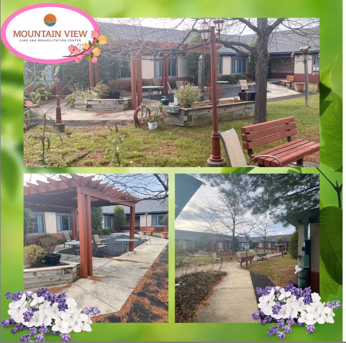 Collage of three images showing outdoor garden and seating areas at Mountain View Care and Rehabilitation Center. The images feature benches, tables with chairs, paved walkways, trees without leaves, and wooden pergolas. The surroundings include grass, planters, and lamp posts. The collage has a green leafy border with floral decorations and the Mountain View Care and Rehabilitation Center logo in the top left corner.