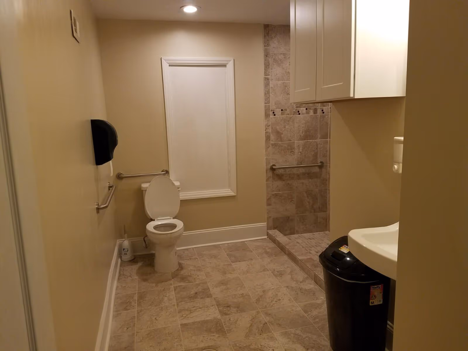 Accessible bathroom with a toilet, grab bars, a roll-in tiled shower, sink, and trash can.