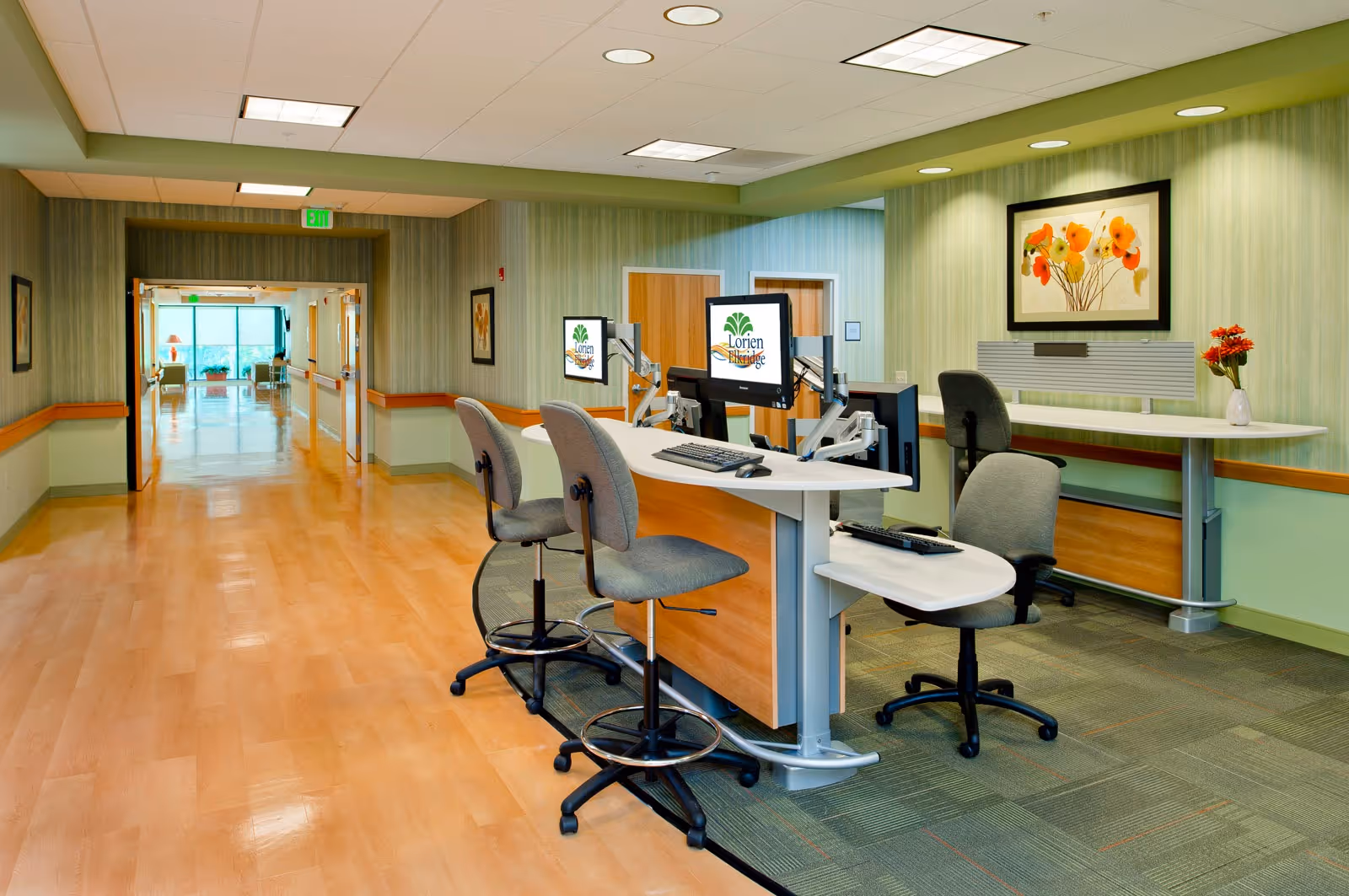 Reception area in a senior living facility with a curved desk featuring three office chairs and computer monitors displaying the Lorien Elkridge logo. The space has light wood flooring, green and beige walls with wood trim, framed floral artwork, and a hallway leading to a bright seating area with large windows.