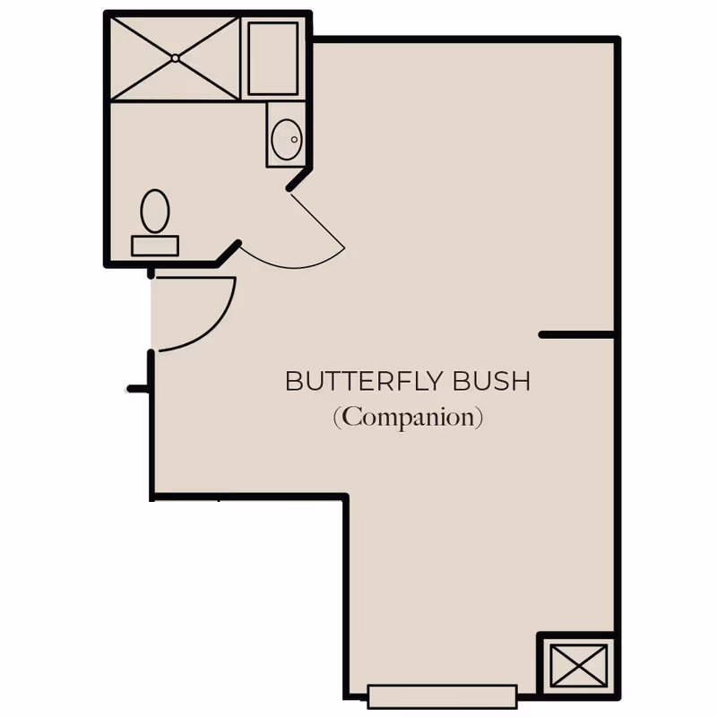 Floor plan layout labeled Butterfly Bush (Companion) showing a room with a bathroom that includes a shower, toilet, and sink.