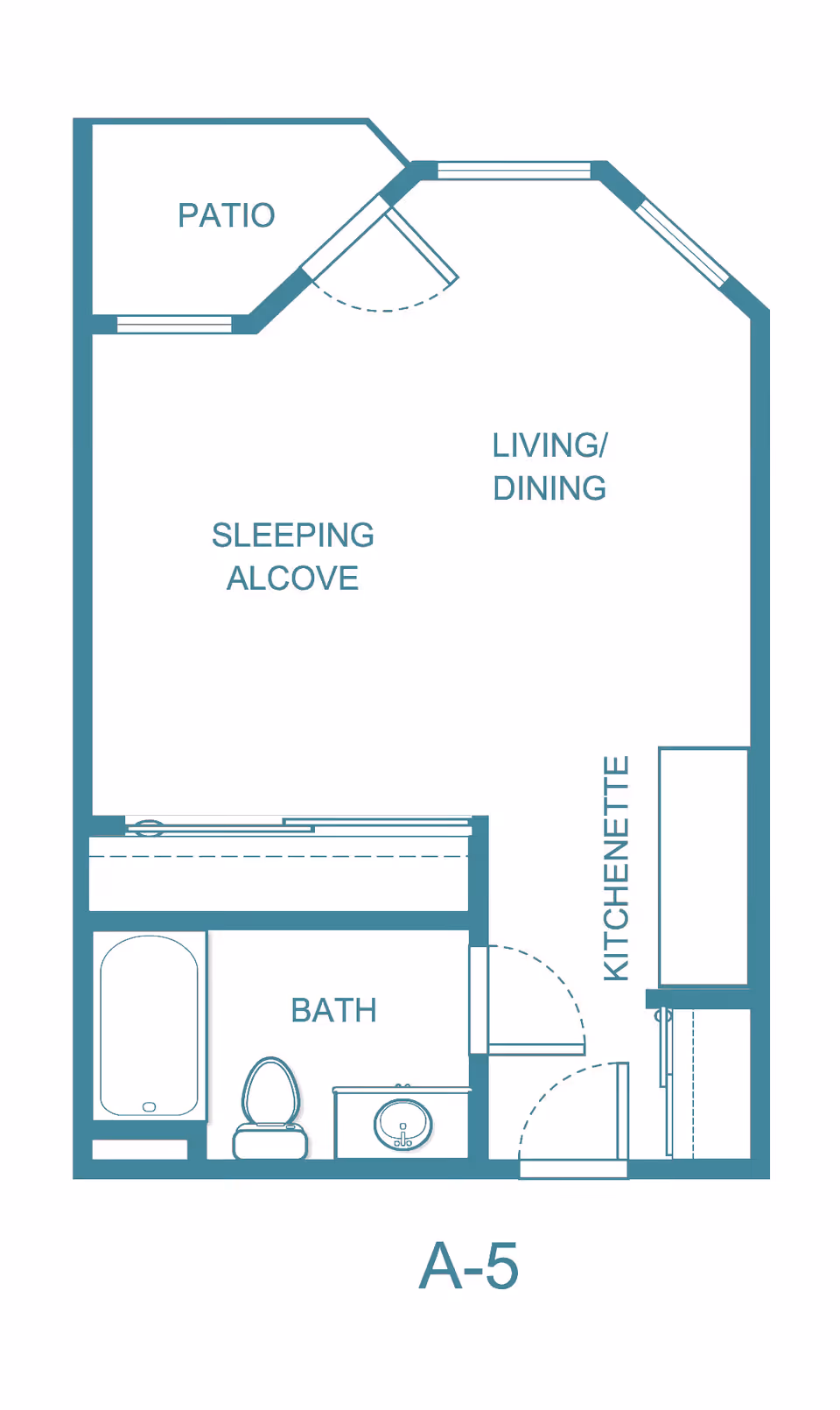 Floor plan of a studio apartment labeled A-5 at Independence Village of Evansville, showing a patio, sleeping alcove, living/dining area, kitchenette, and a bathroom with a bathtub, toilet, and sink.