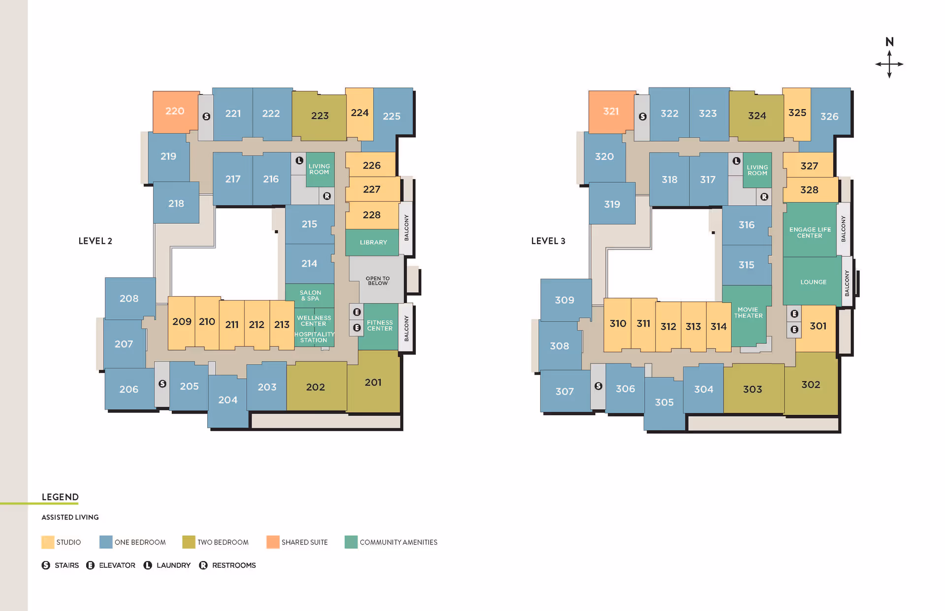 Two-level colored floor plan showing Level 2 and Level 3 apartment layouts with labeled units, common areas, and a legend.