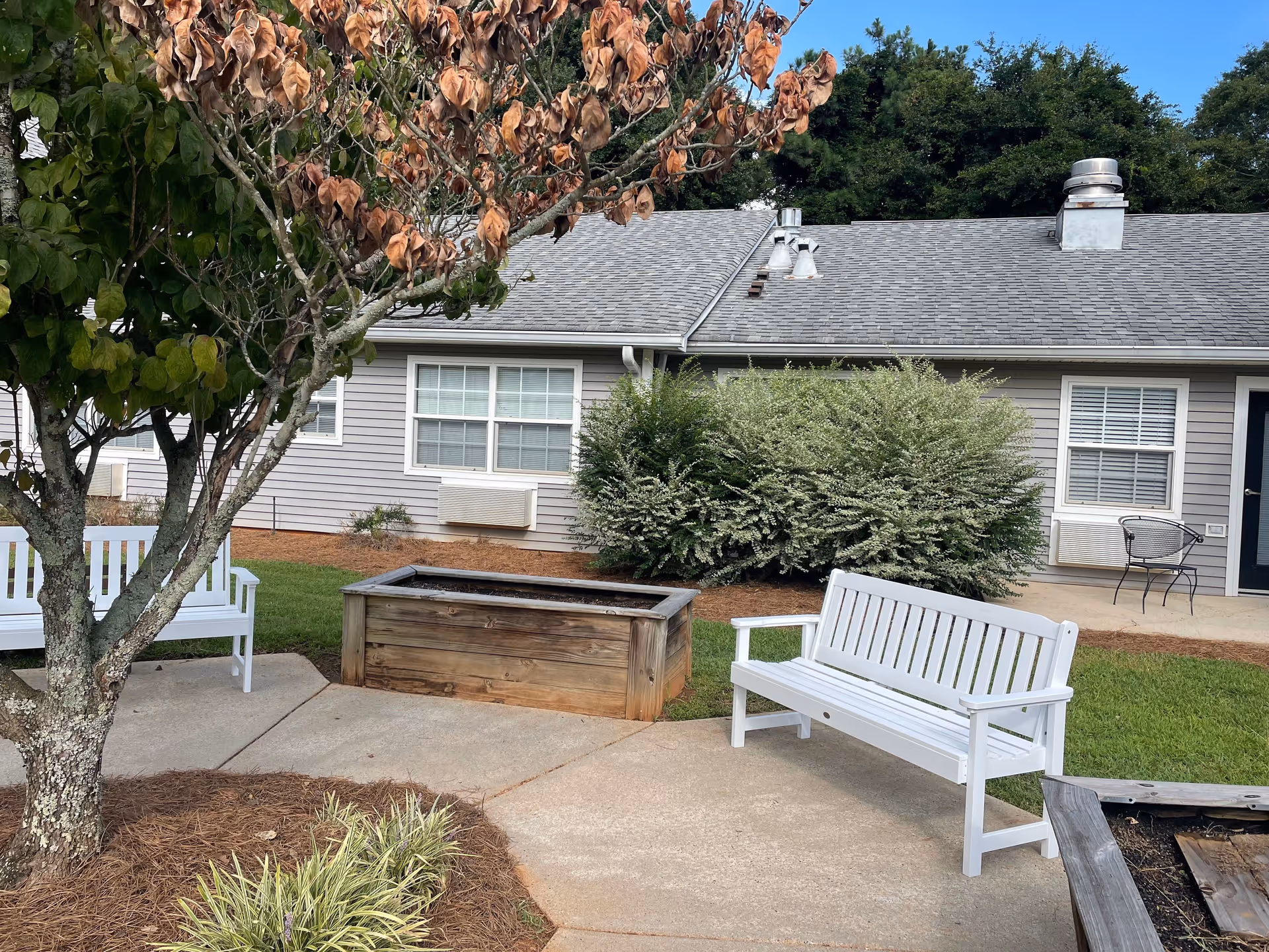 Courtyard with white benches, raised wooden planters, a tree and shrubs in front of a one-story senior living building.