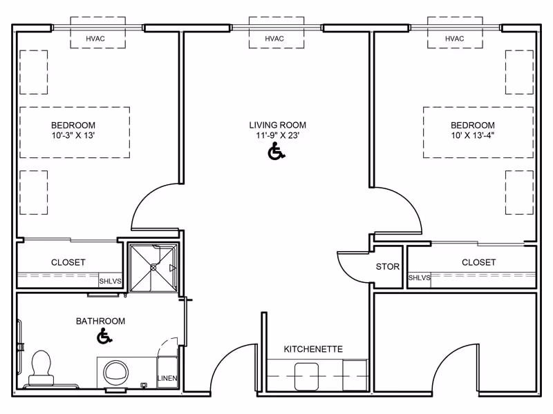 Architectural floor plan of a living unit at Wesley House showing two bedrooms, a living room, a bathroom, a kitchenette, closets, and storage areas. The living room and bathroom are wheelchair accessible.