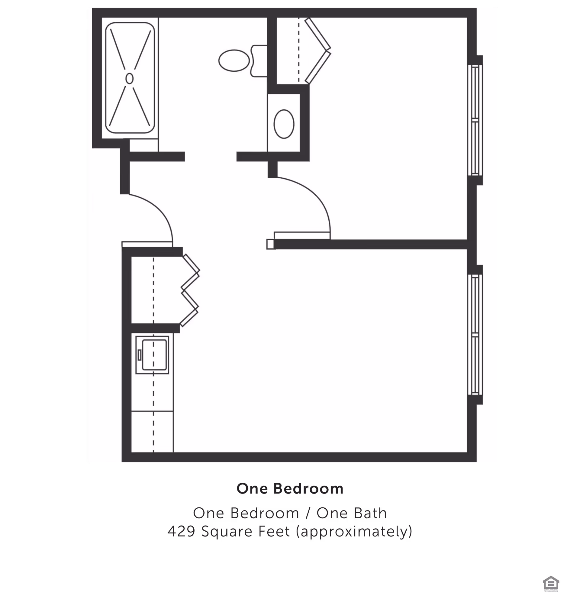 Floor plan of a one-bedroom, one-bath apartment with approximately 429 square feet. The layout includes a bedroom, a bathroom with a bathtub and toilet, a kitchen area with a sink, and a living space.