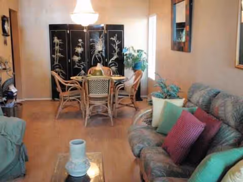Cozy senior living interior with sofa, dining table, plants, and decorative screen.